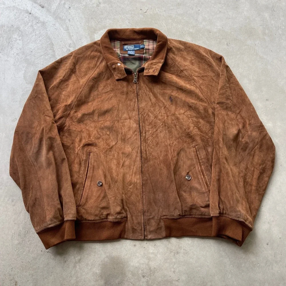 Polo Ralph Lauren Vintage Suede Leather Harrington Jacket Brown XL Plaid Lined